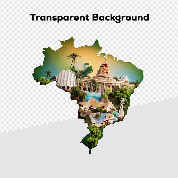 PSD cultural and environmental symbols on brazil map transparent background png