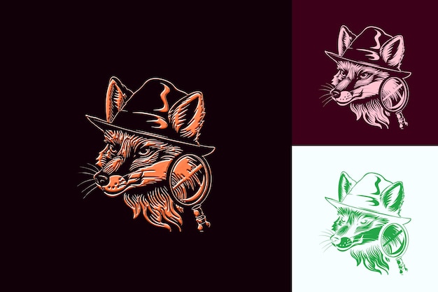 PSD cunning fox animal mascot logo with detective hat and magnif cute abstract vector designs