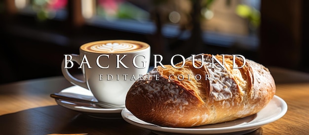 PSD cup of coffee and bread on white plate on table in cafe