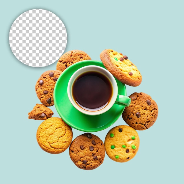 PSD a cup of coffee and cookies with a cup of coffee on the table on transparent background