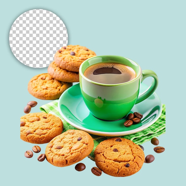 PSD a cup of coffee and cookies with a cup of coffee on the table on transparent background