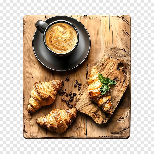 PSD a cup of coffee and croissants isolated on a transparent background