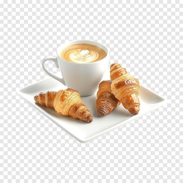 PSD a cup of coffee and croissants isolated on a transparent background