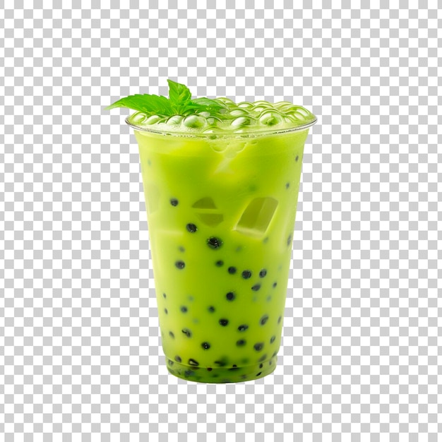 a cup of green tea with a straw in it