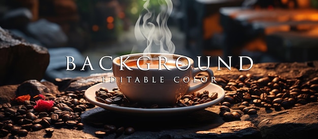 cup of hot coffee placed on a stone table with a natural background