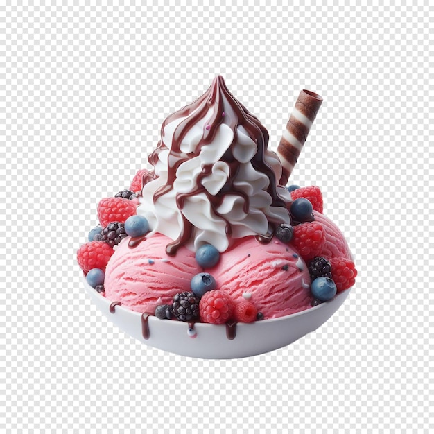 a cup of ice cream with berries and a stick of ice cream