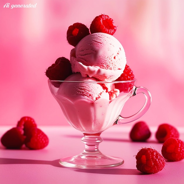 a cup of ice cream with a pink background with raspberry ice cream in it