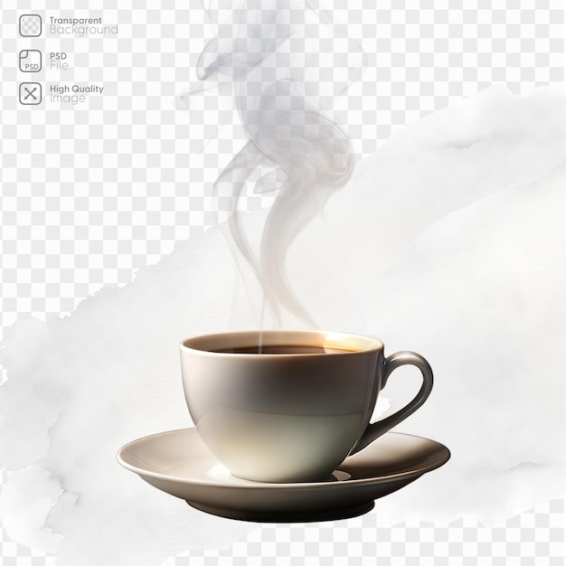 Cup of steaming hot coffee on a transparent background