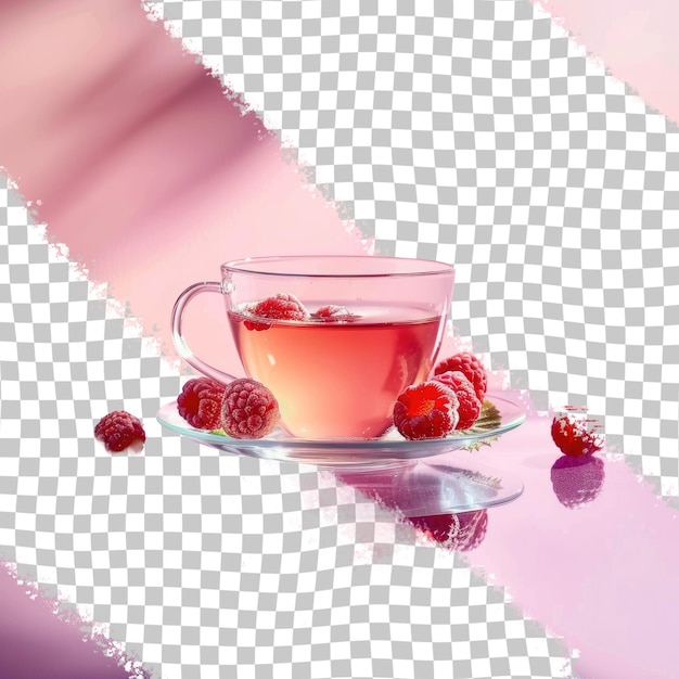 a cup of tea and raspberries on a plate with a pink background