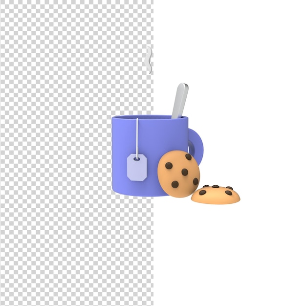 Cup of tea with tea bag and Chocolate chip cookie 3D render icon