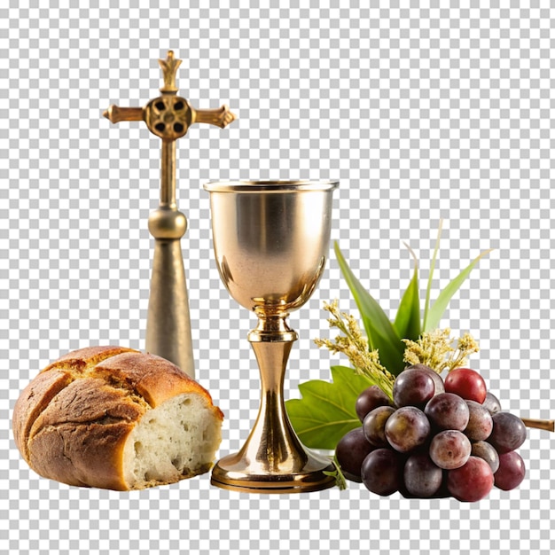 Cup of wine with grapes and bread on transparent background