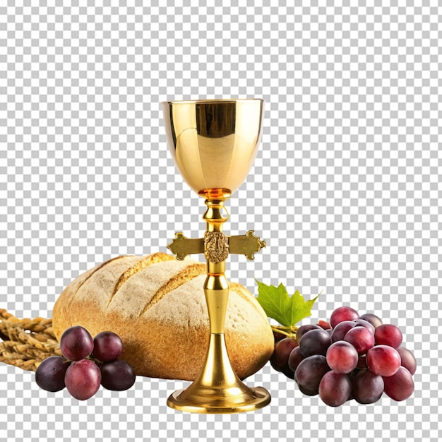 Cup of wine with grapes and bread on transparent background