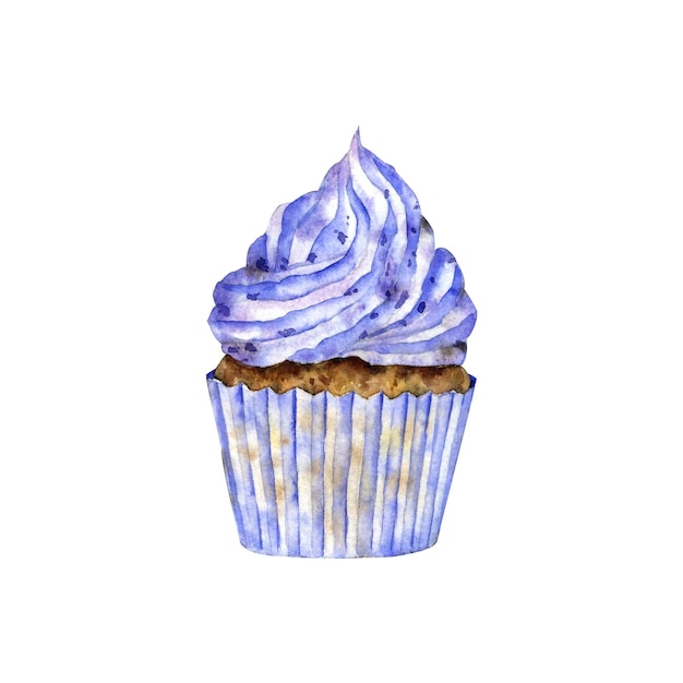 PSD cupcake decorated with blue cream on a white background watercolor element