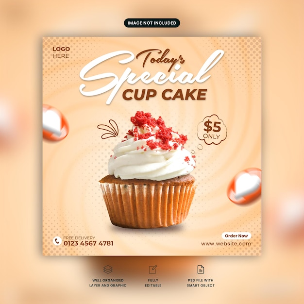 Cupcake social media post. Special cupcake social media banner. Dessert template with a creamy background. Delicious dessert flyer. Premium cupcake ad. Heart shape falling. Coffee color text.