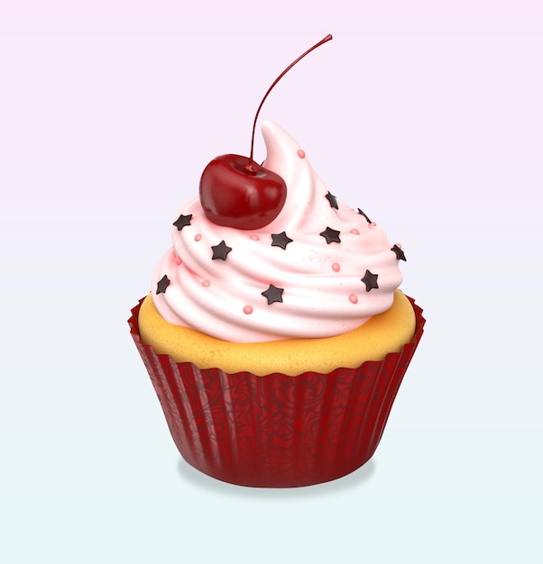 A cupcake with a cherry on top and stars on the top.