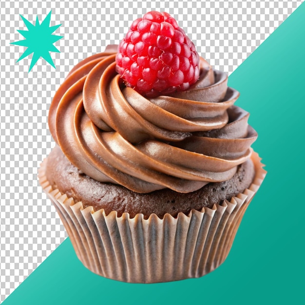 cupcake with chocolate frosting and a raspberry on transparent background