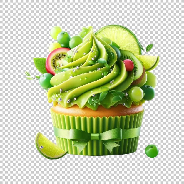 Cupcake with green decorations isolated on transparent background