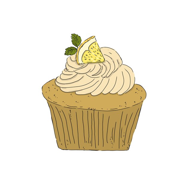 Cupcake with lemon and mint leaves food color illustration