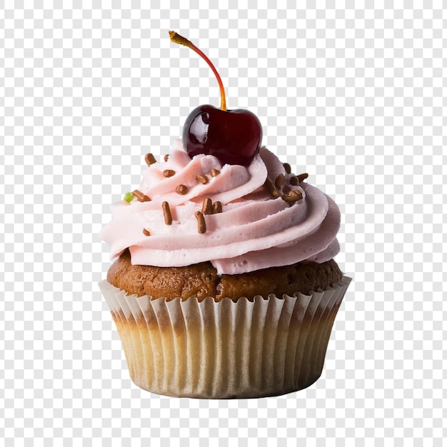 PSD a cupcake with pink frosting and a cherry on top