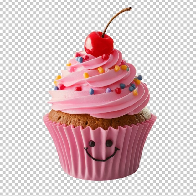 a cupcake with pink frosting and a smiley face on it