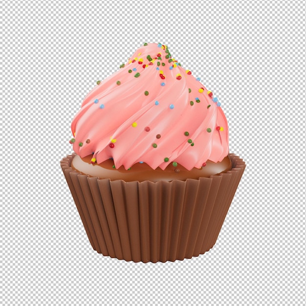 A cupcake with pink frosting and sprinkles on it.