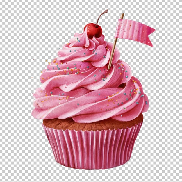 a cupcake with pink icing and a flag on it