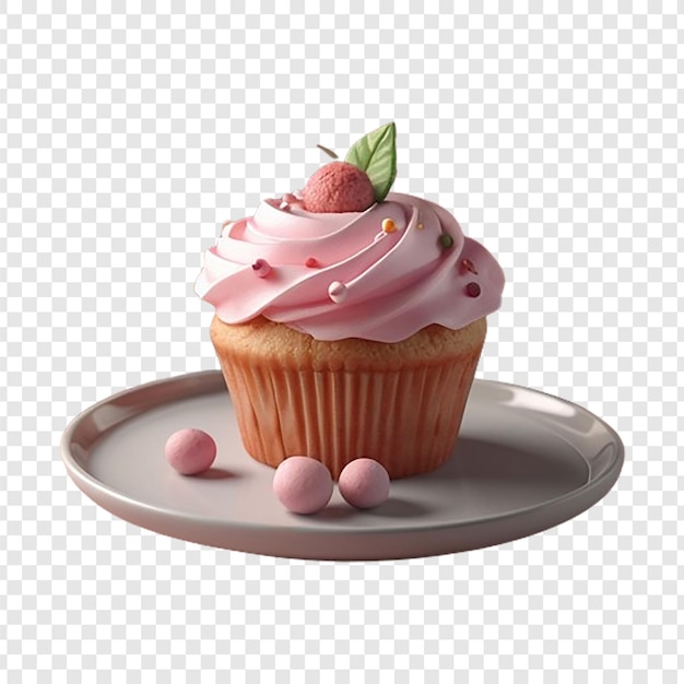 a cupcake with pink icing and a strawberry on a plate