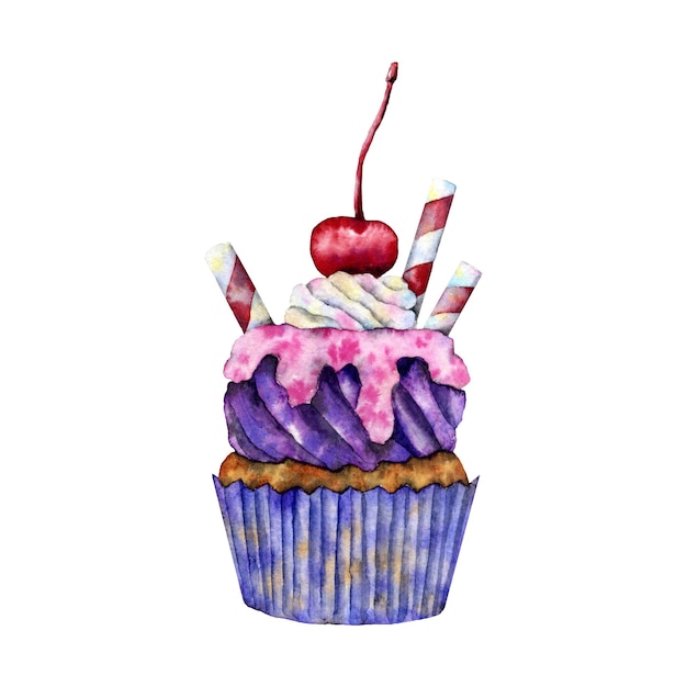 PSD cupcake with purple white and pink frosting decorated with fresh cherry and striped caramel tubes