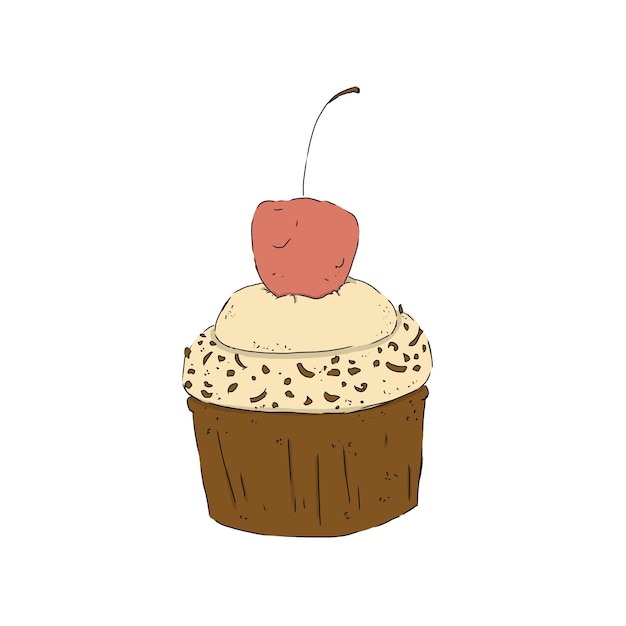 Cupcake with vanilla cream and chocolate chips decorated with one cherry color digital illustration