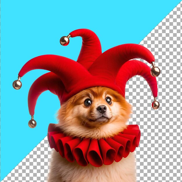 Curious Pomeranian in Bright Red Jester Hat on Transparent Background