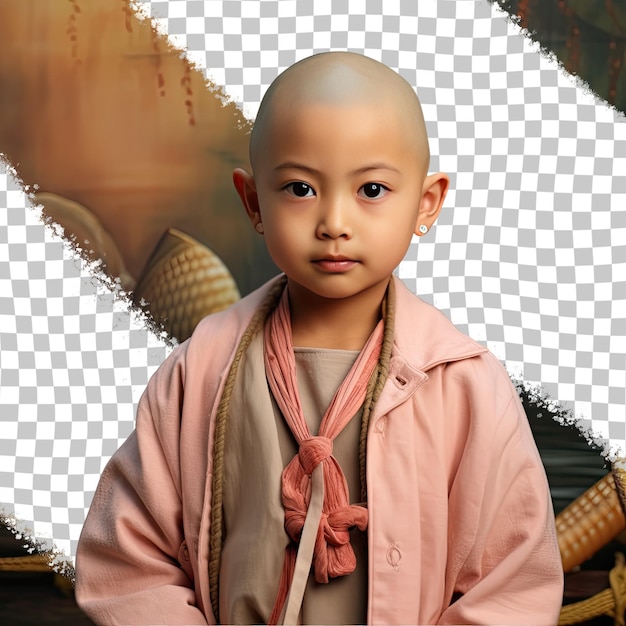 PSD a curious preschooler girl with bald hair from the southeast asian ethnicity dressed in fishing by the lake attire poses in a crossed arms confidence style against a pastel coral background