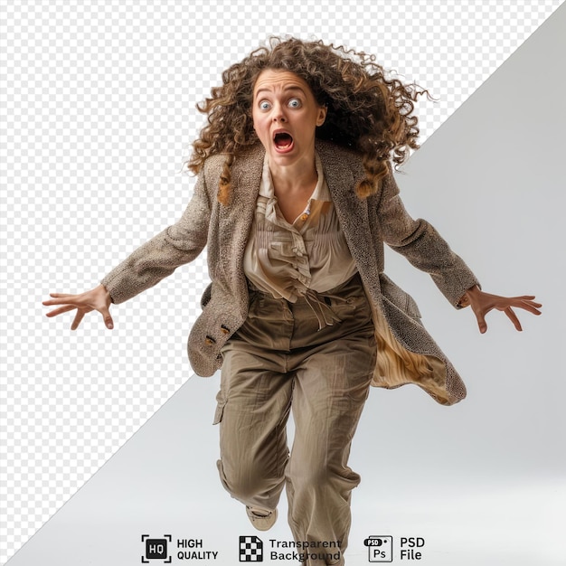 curlyhaired woman looking scared and running away from camera png