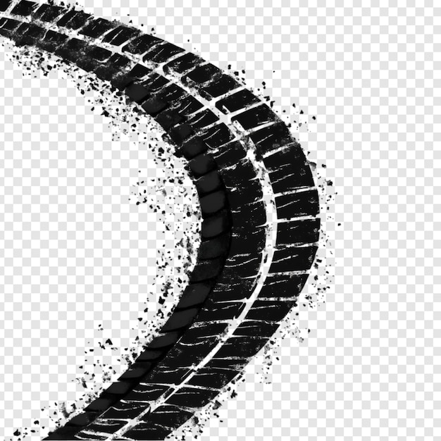 PSD curved tire track with mud splash isolated on a transparent background