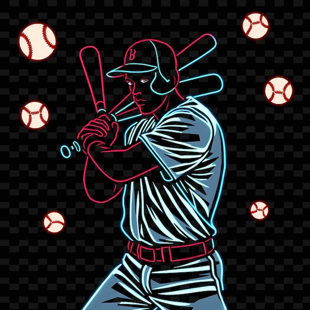 PSD curvy baseball player with bat neon retro art design with classic red and blue mixed color decora