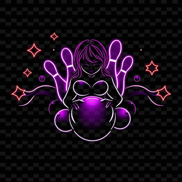 PSD curvy bowler with ball neon alley art design with dark purple and black mixed color decorated wit