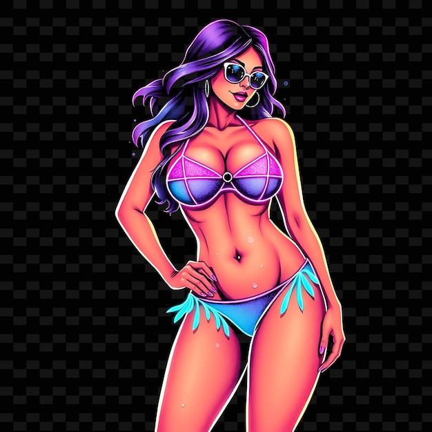 PSD curvy woman in bikini neon watercolor art design with shades of blue and purple theme decorated wit1