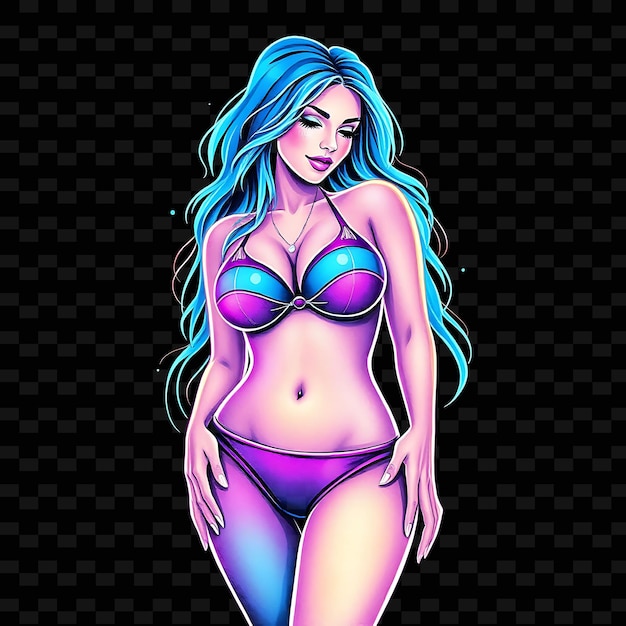 PSD curvy woman in bikini neon watercolor art design with shades of blue and purple theme decorated wit1