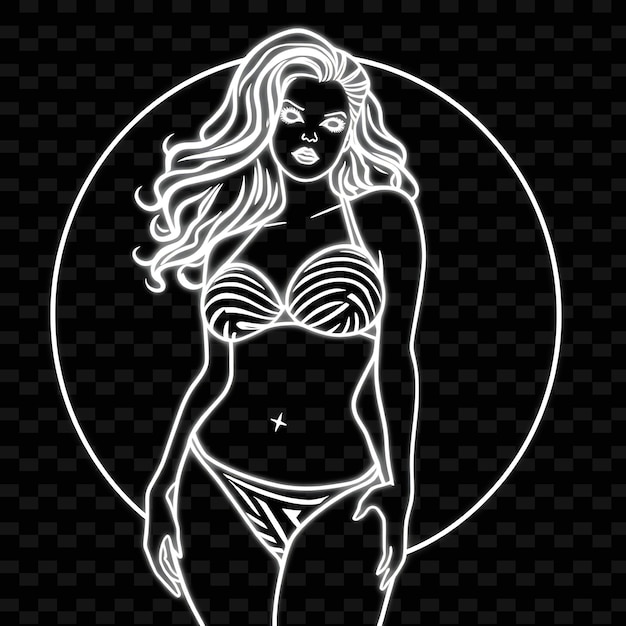 PSD curvy woman in tankini neon op art design with black and white theme decorated with optical illusio1