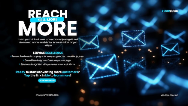 PSD customer journey conversion rate banner template with 3d rendering of glowing blue digital mail icons floating on a black background symbolizing email marketing