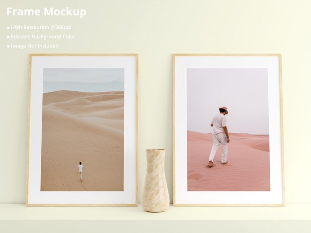 Customizable minimalist vertical wood poster or photo frame mockup on the podium table with vase