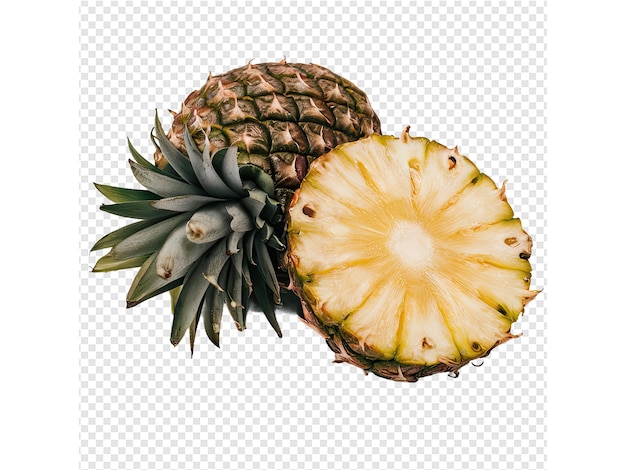 a cut pineapple is cut in half and the other half is a pineapple