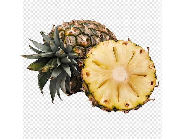 a cut pineapple is cut in half and the other half is a pineapple