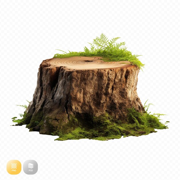 PSD a cut tree stump with the word moss on it