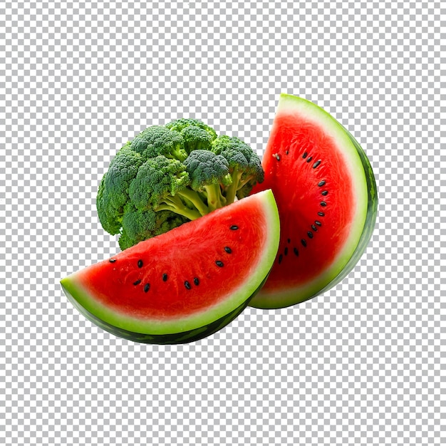 a cut of watermelon and broccoli on a transparent background