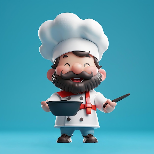 PSD cute 3d character icon of a fullbody chef wearing a chefs hat and apron holding a skillet full