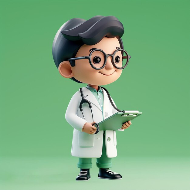 PSD cute 3d character icon of a fullbody doctor wearing a white coat stethoscope