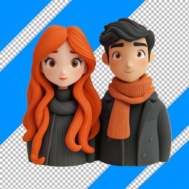 PSD cute 3d characters with red hair and cozy scarves on vibrant background