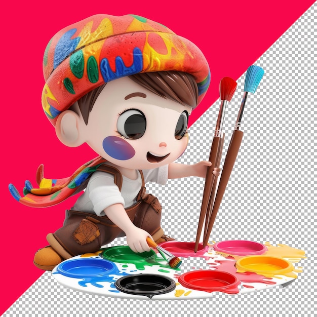 PSD cute 3d face painter with a palette of colors transparent background png psd