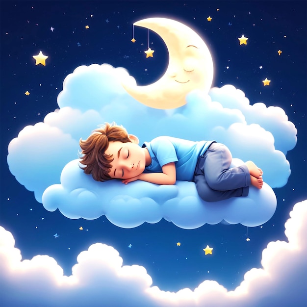 A cute and adorable boy is sleeping under night sky between stars pillow