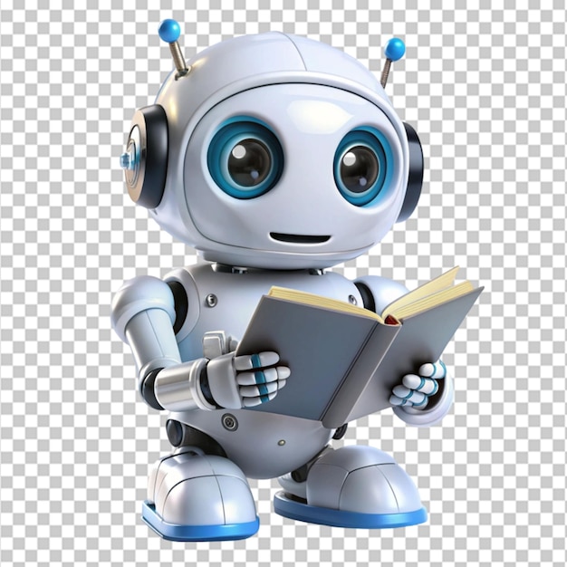 PSD cute ai robot chatbot reading a book isolated on transparent background